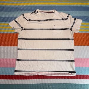 Tommy Hilfiger White Blue Striped Pocket T-Shirt Men’s Size Large